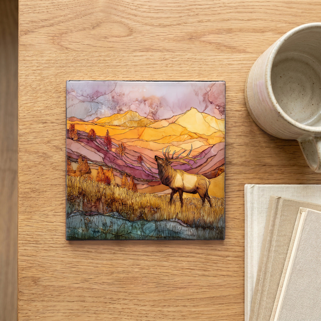 Elk bugling at Estes Front Range Ceramic Art Tile — scale