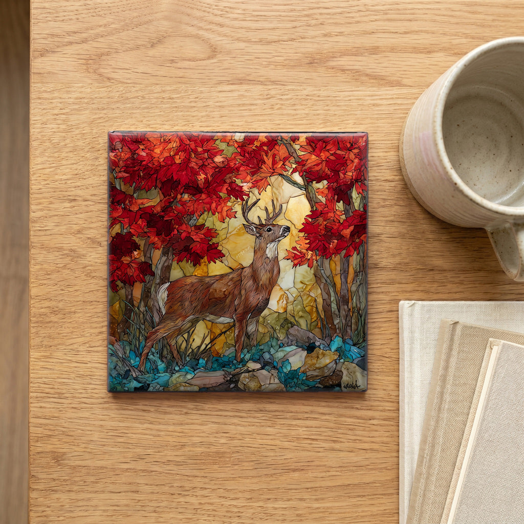a white-tailed buck among red maple — scale