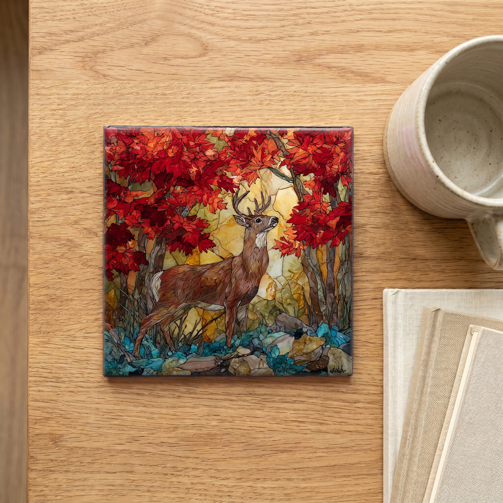 a white-tailed buck among red maple — scale