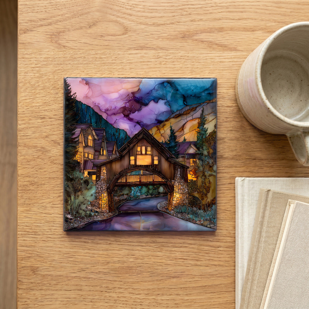 Vail Village covered bridge Eagle Valley Ceramic Art Tile — scale