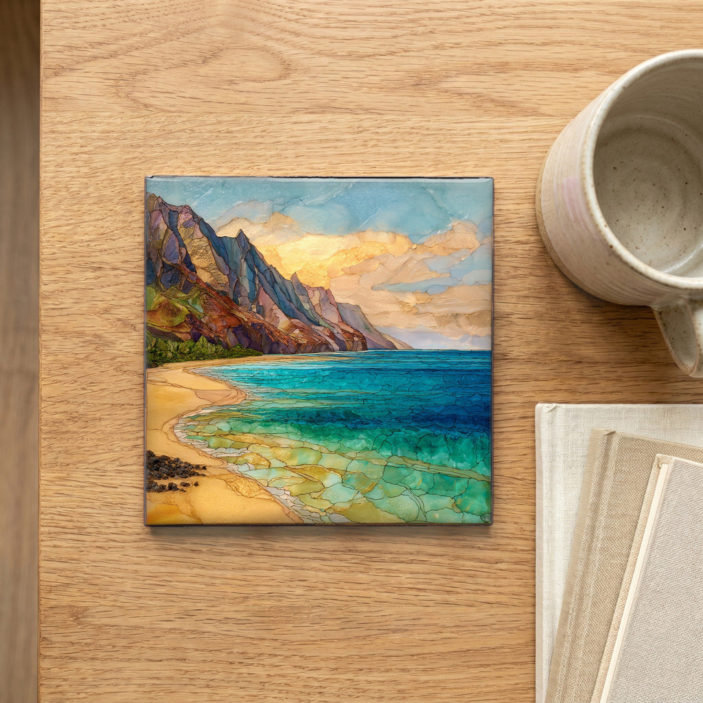 Tunnels Beach Kauai Ceramic Art Tile — scale