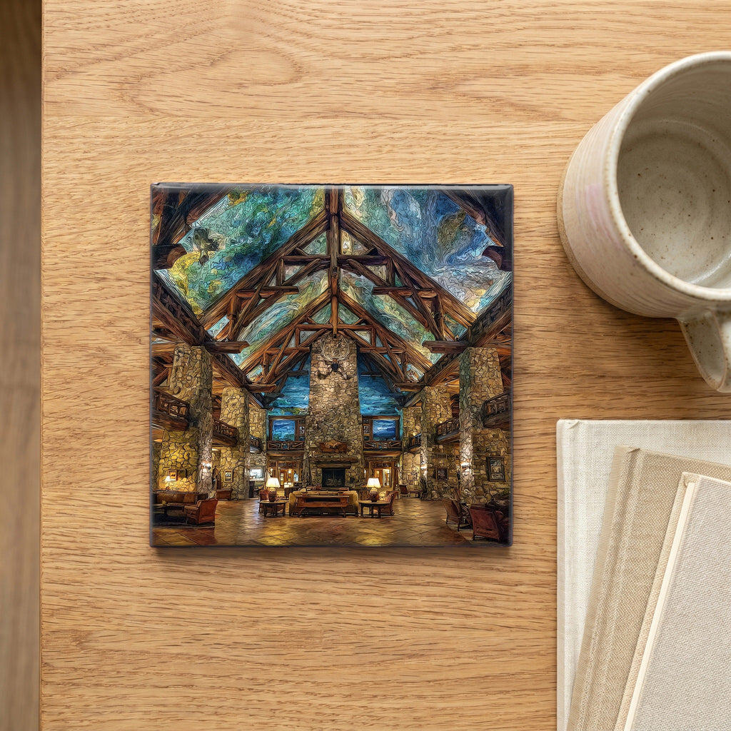 the Lake McDonald Lodge log lobby — scale