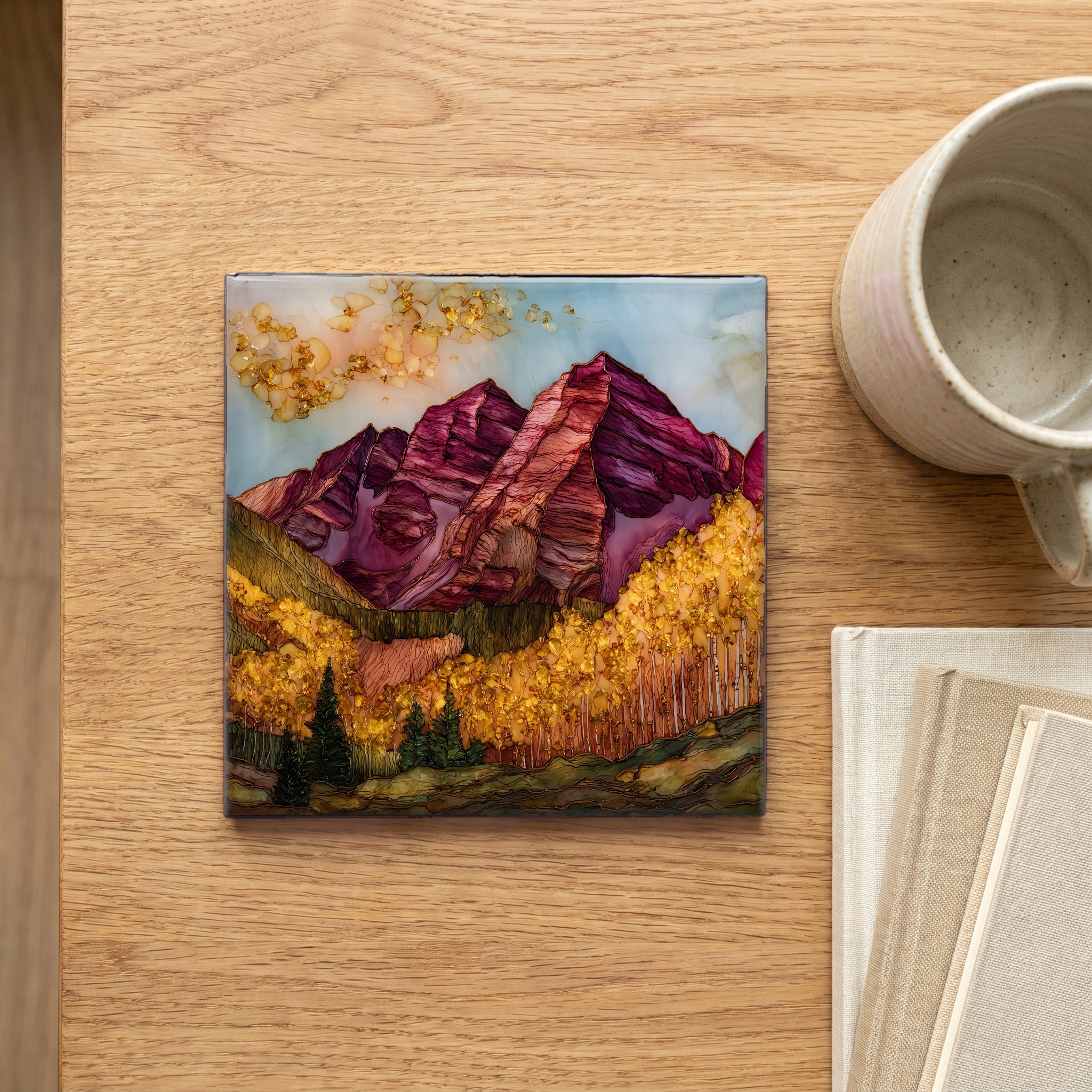 Maroon Bells autumn aspens Elk Range Ceramic Art Tile — scale