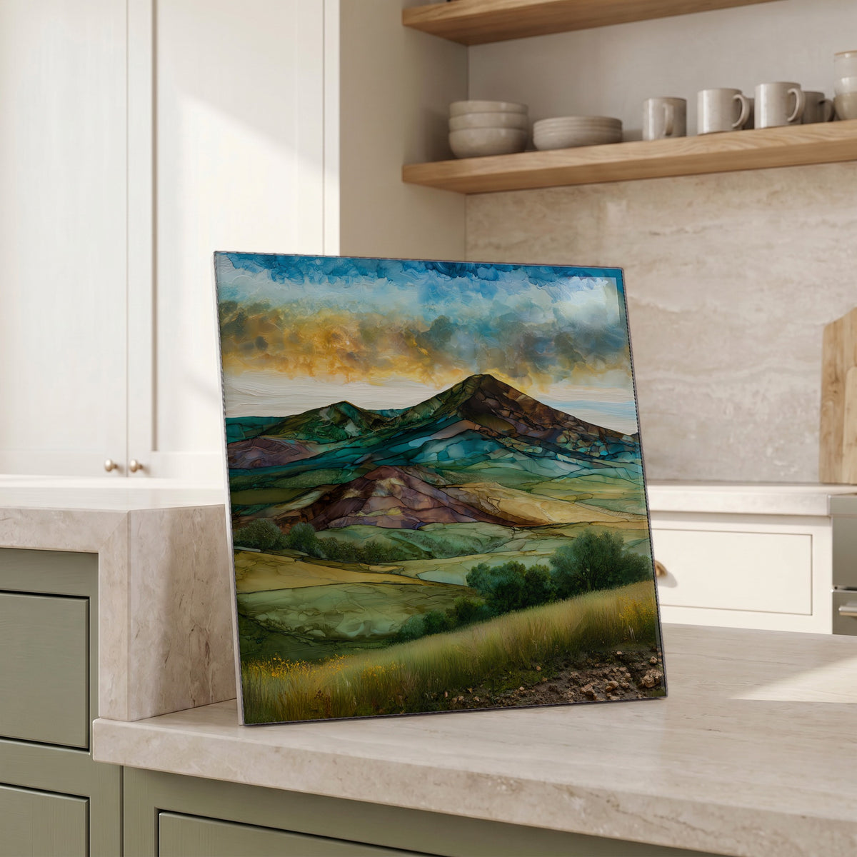 Beside the kettle, propped on the counter.
