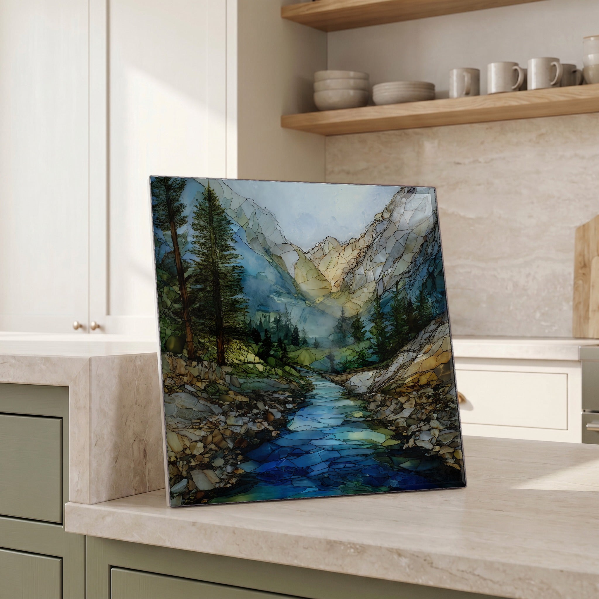 Beside the kettle, propped on the counter.