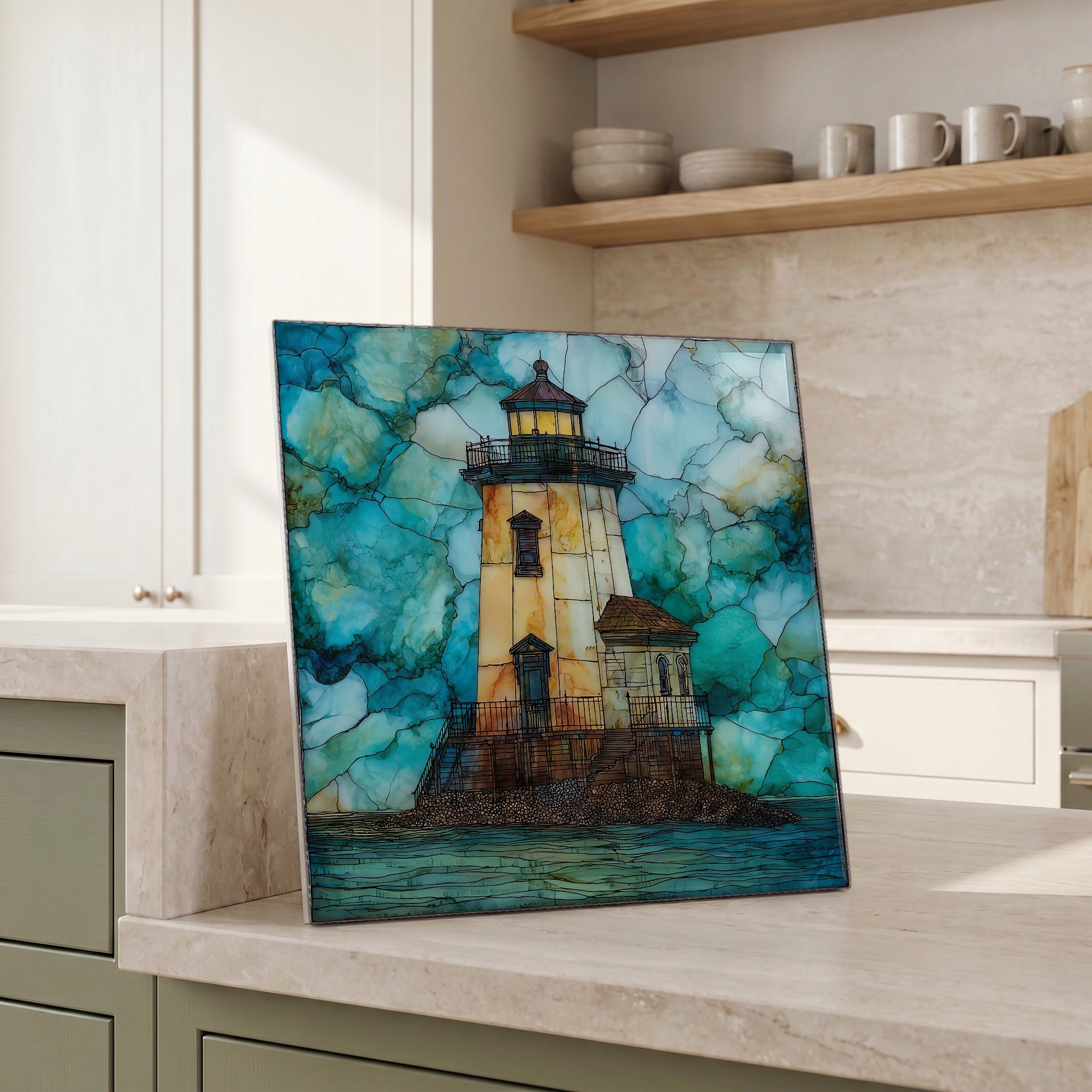 Beside the kettle, propped on the counter.