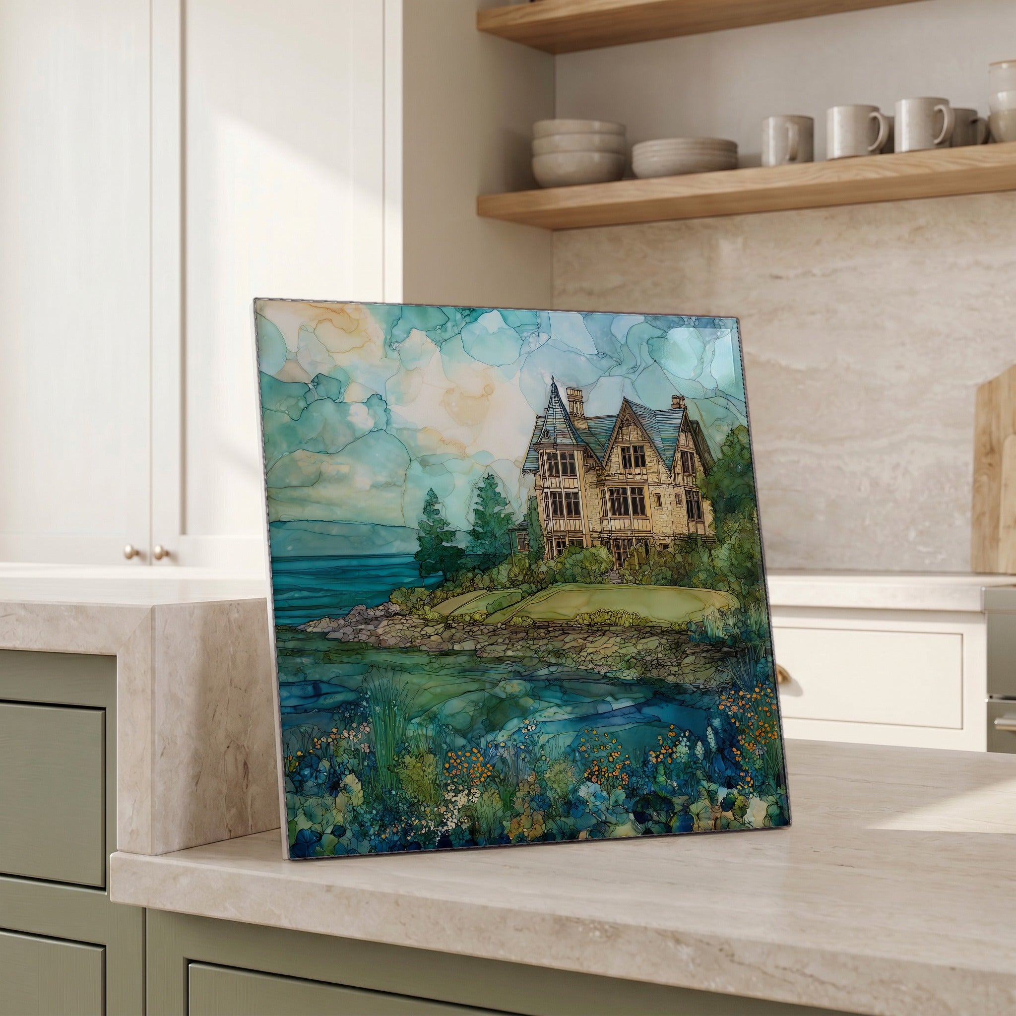 Beside the kettle, propped on the counter.