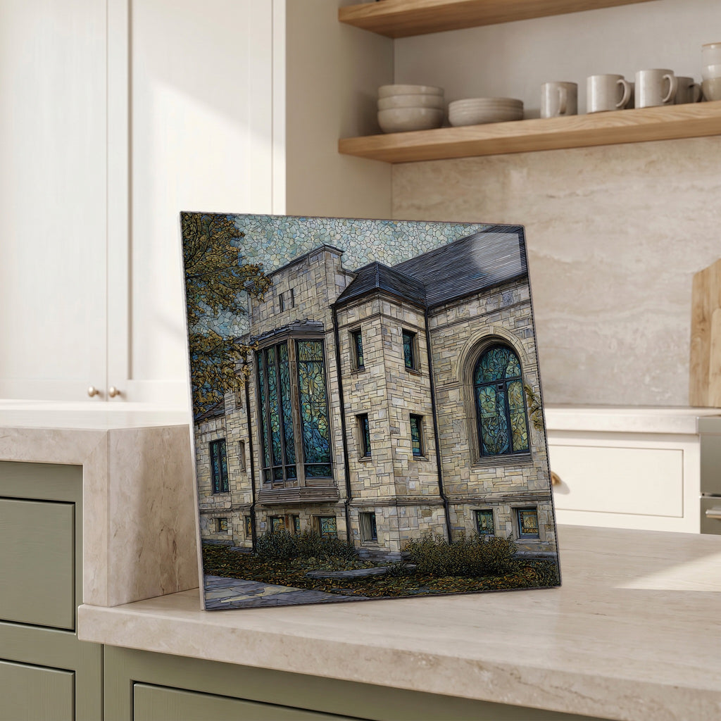 Beside the kettle, propped on the counter.