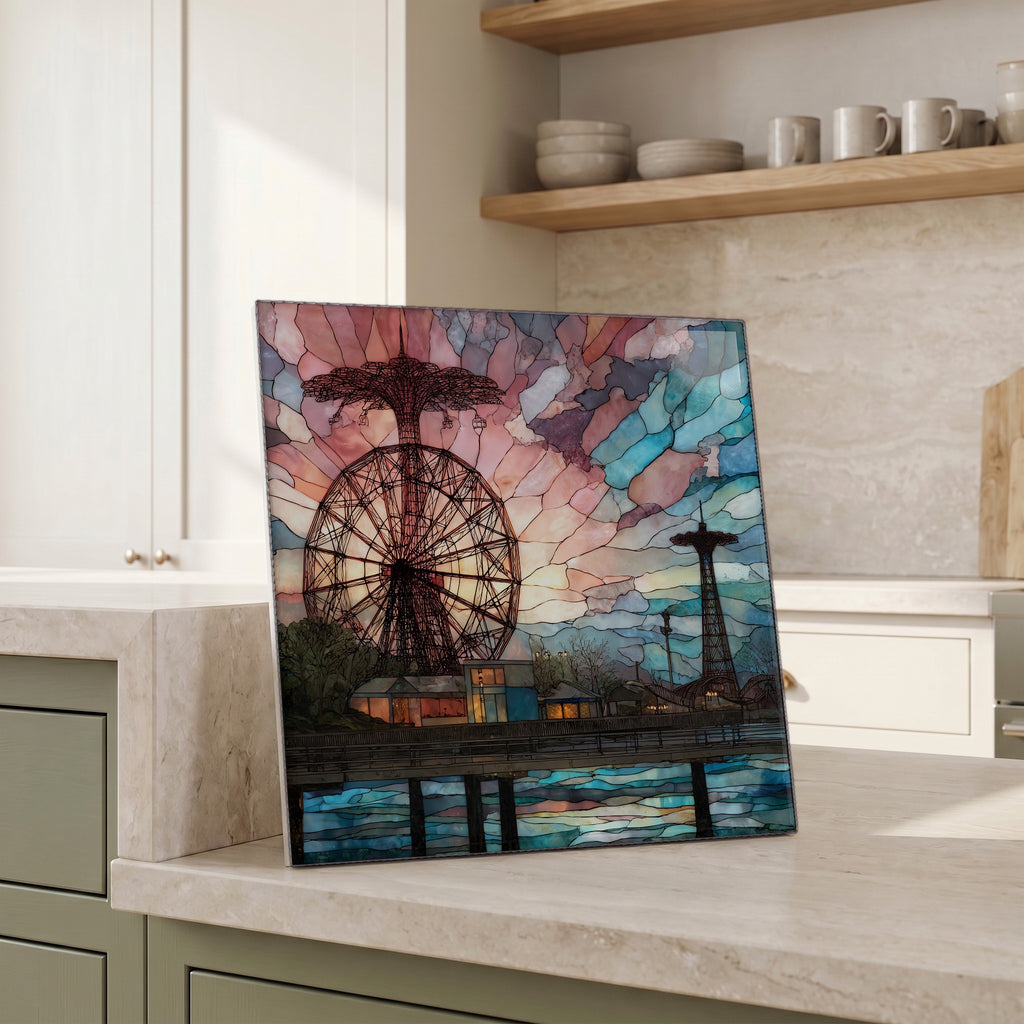 Beside the kettle, propped on the counter.
