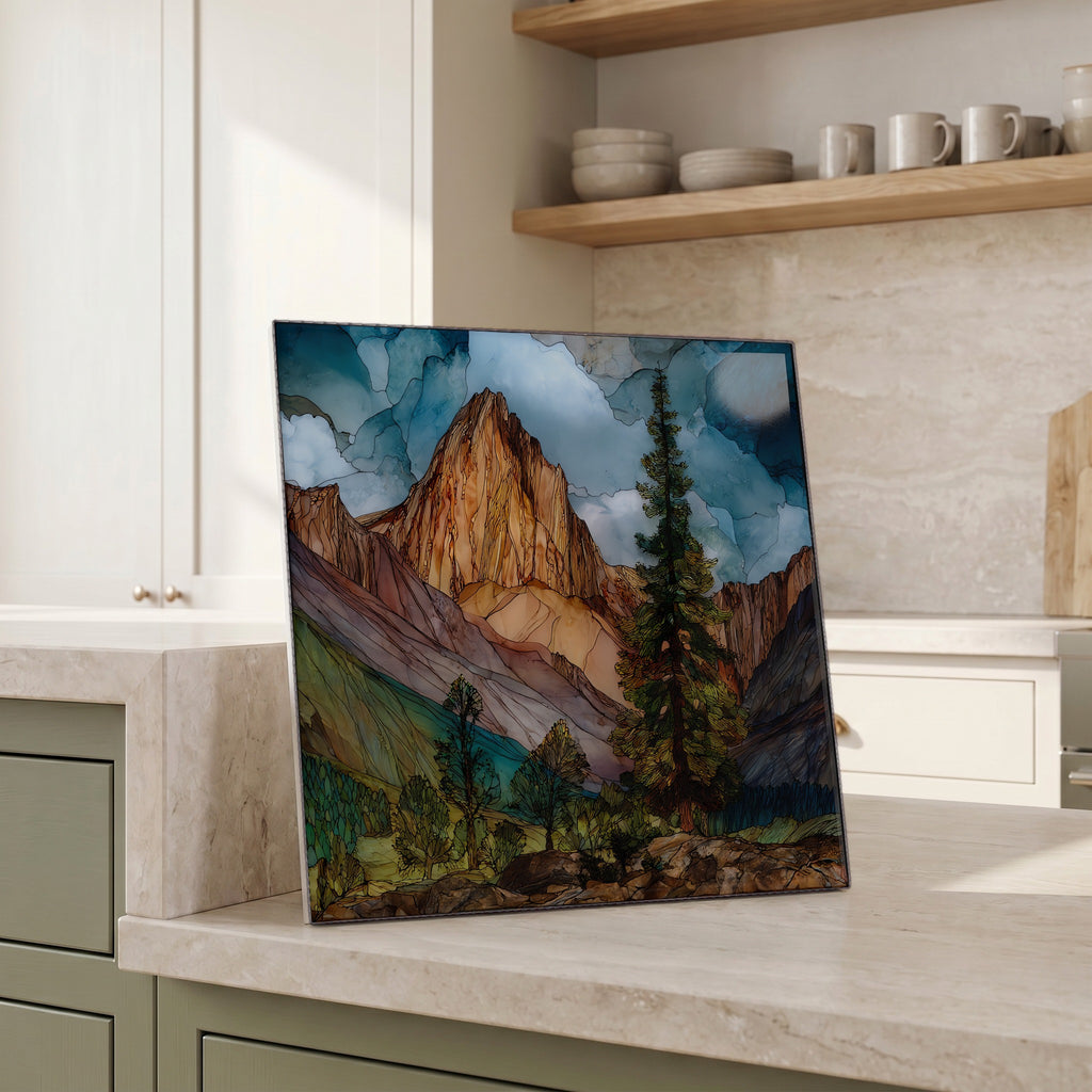 Beside the kettle, propped on the counter.