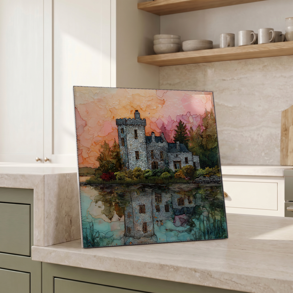 Beside the kettle, propped on the counter.