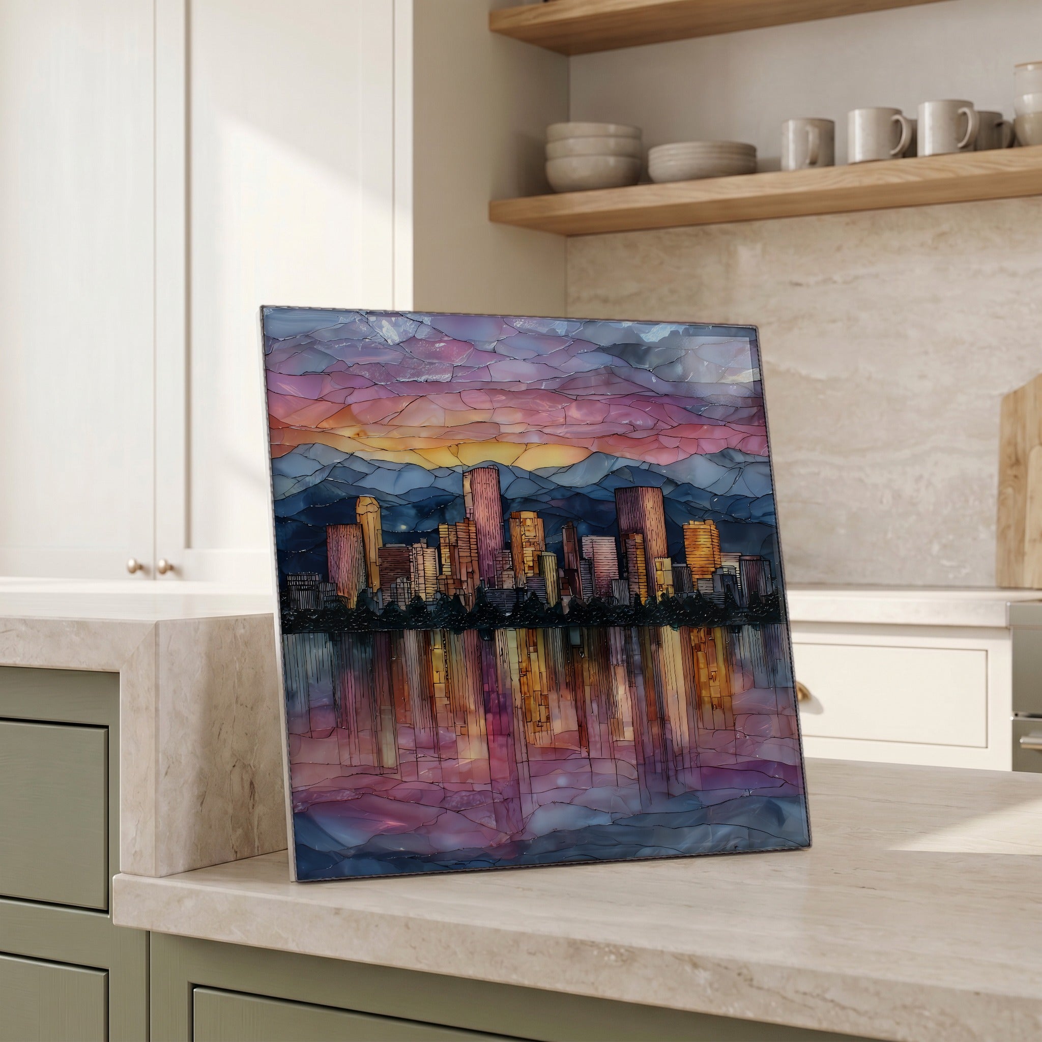 Beside the kettle, propped on the counter.