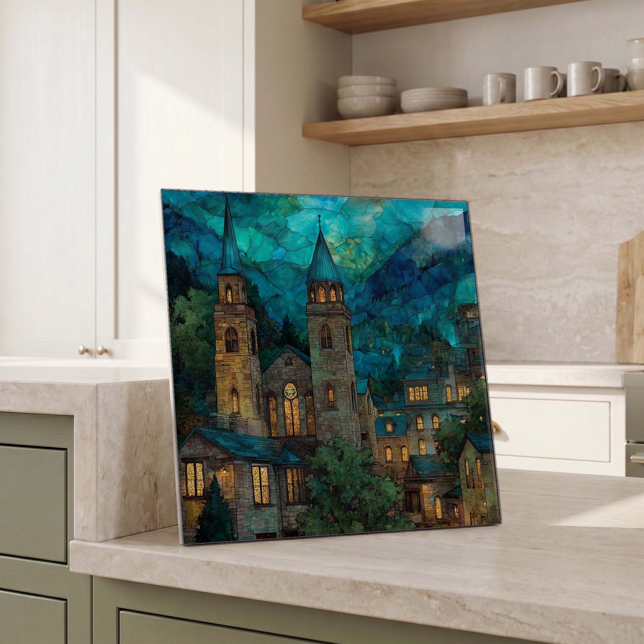 Beside the kettle, propped on the counter.