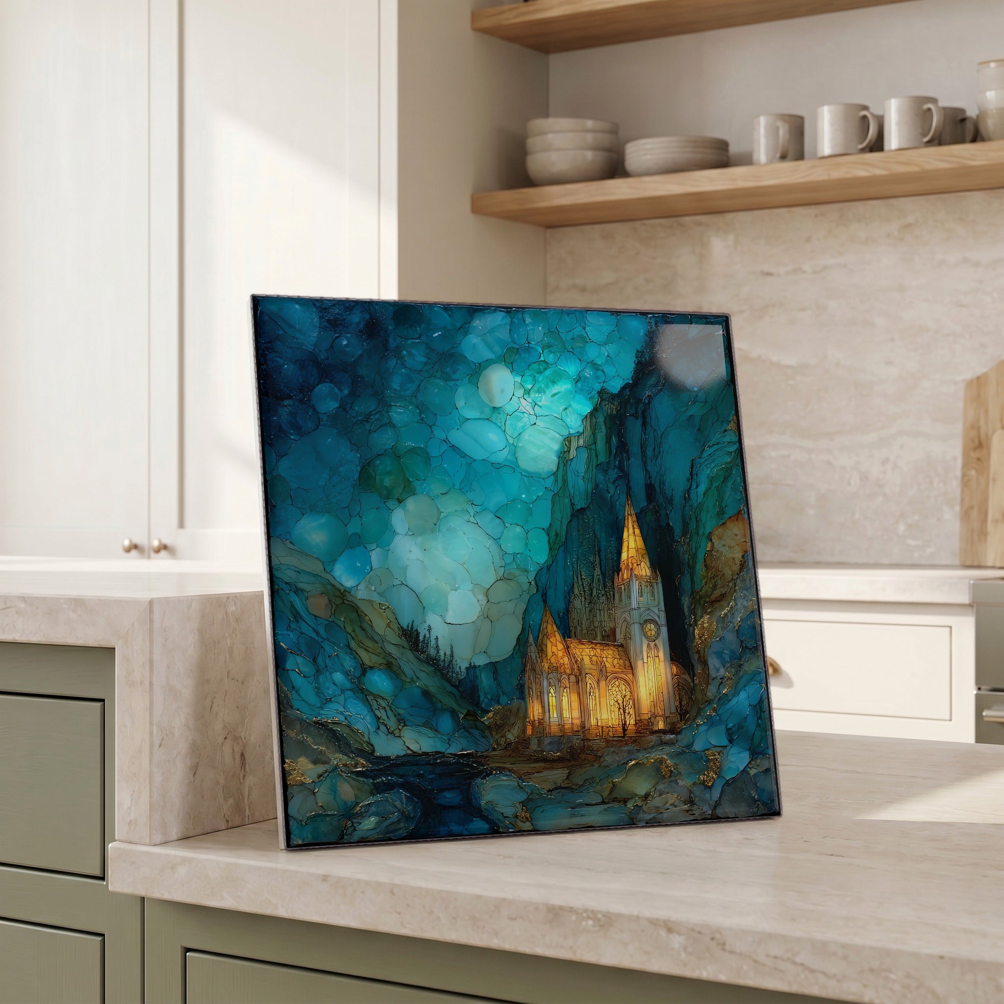 Beside the kettle, propped on the counter.