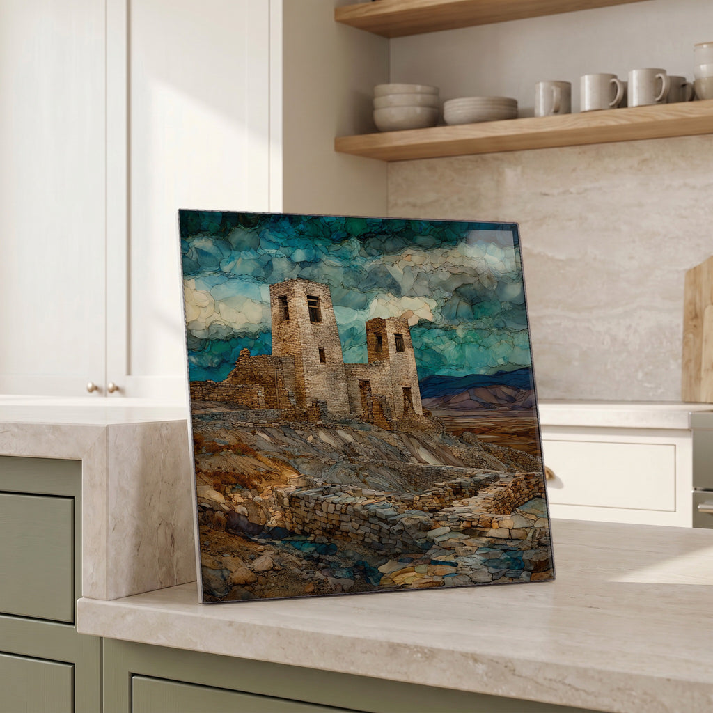 Beside the kettle, propped on the counter.