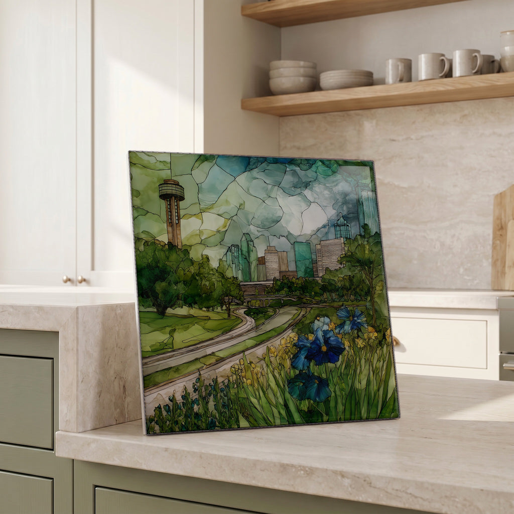 Beside the kettle, propped on the counter.