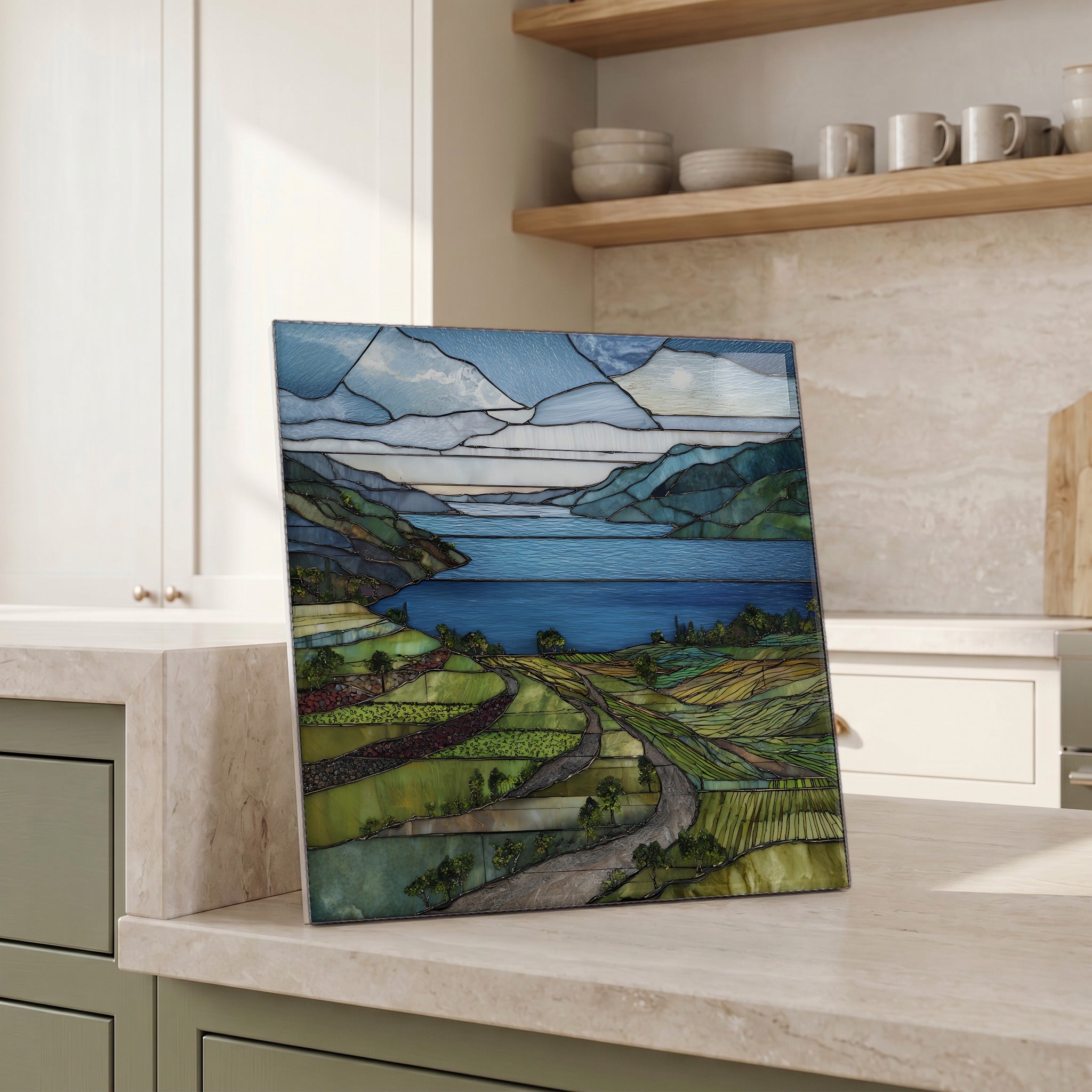 Beside the kettle, propped on the counter.