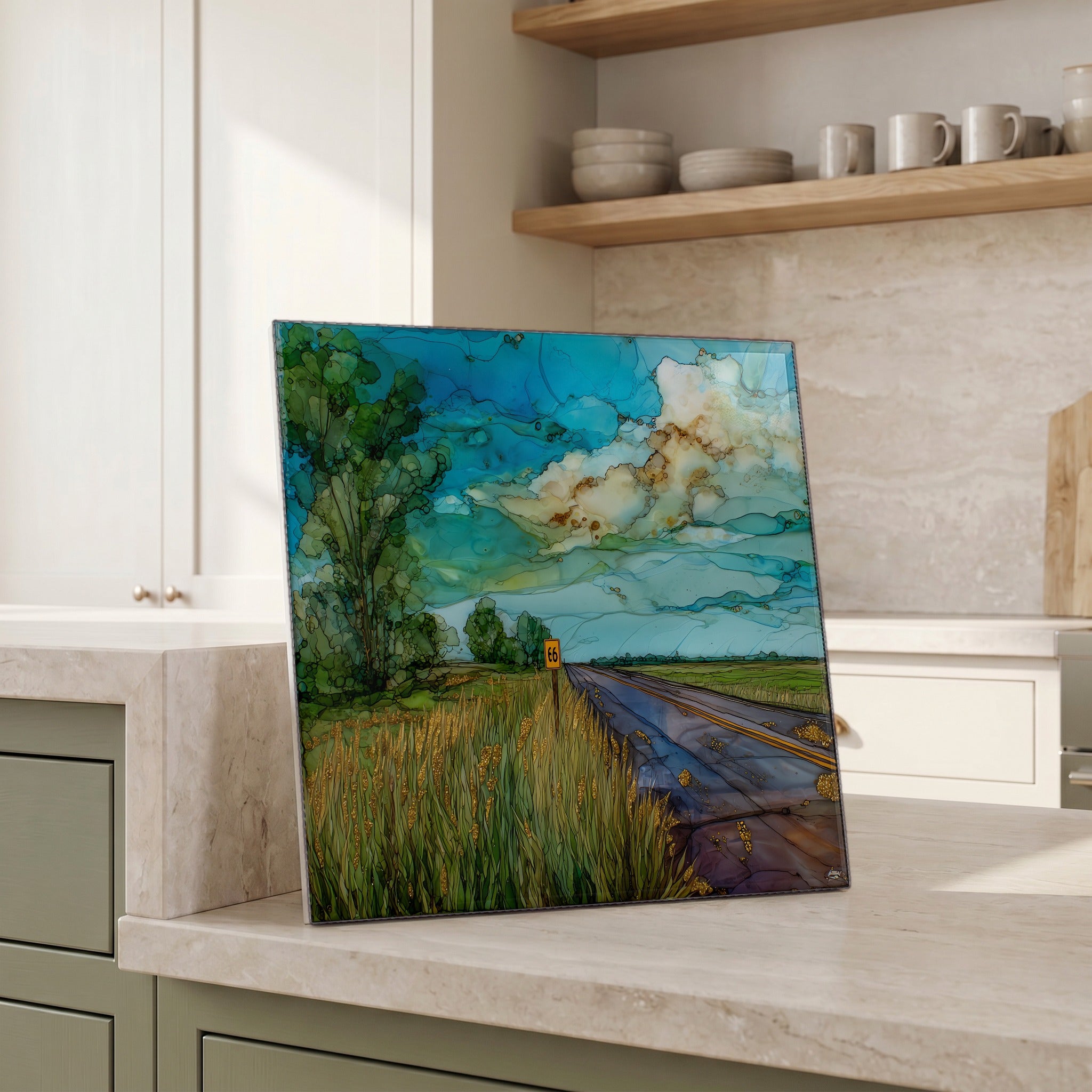 Beside the kettle, propped on the counter.