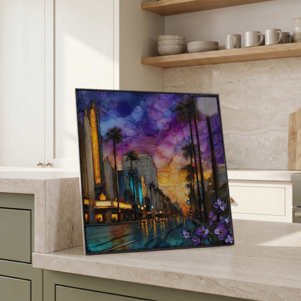 Beside the kettle, propped on the counter.