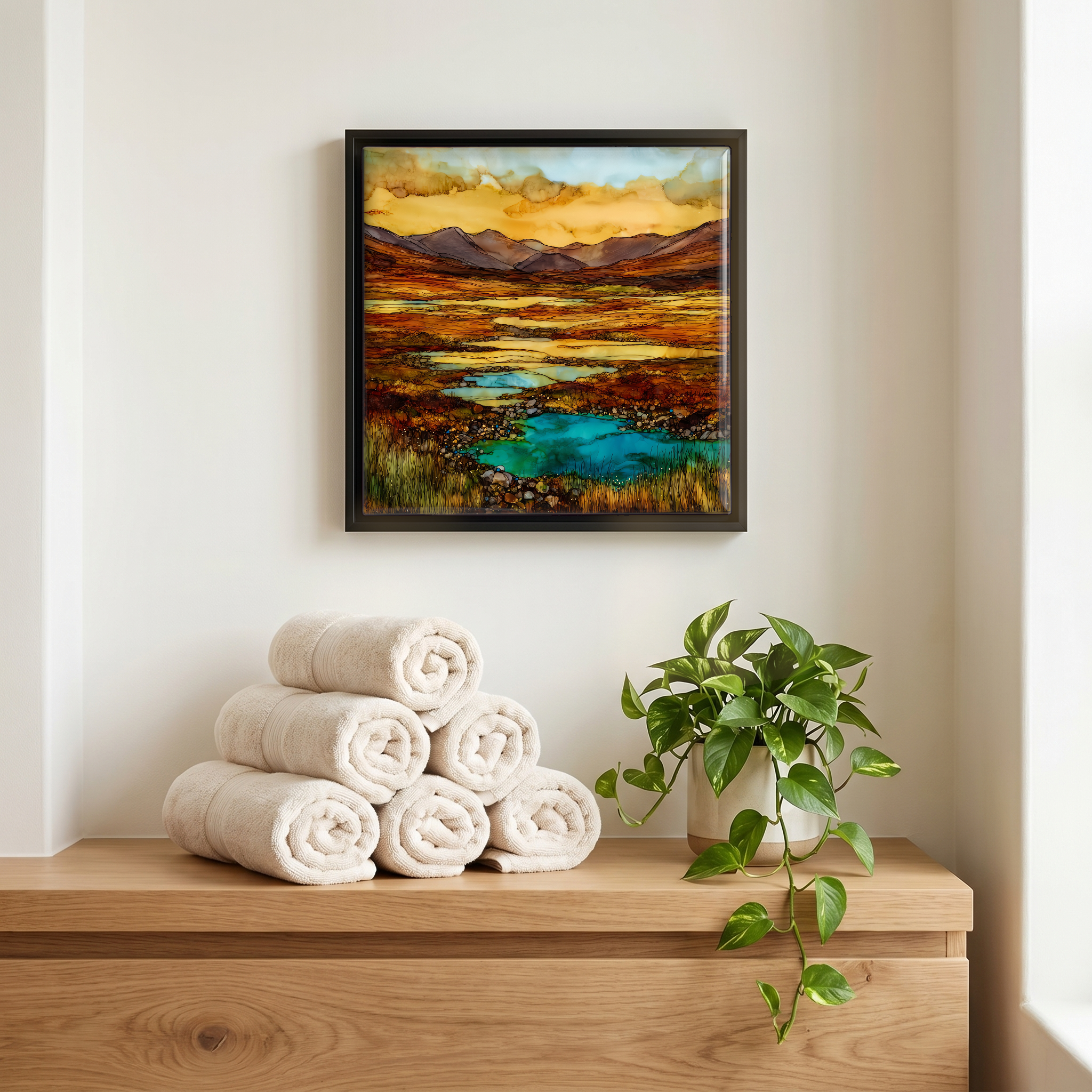 Above the linens, in a slim black surround.