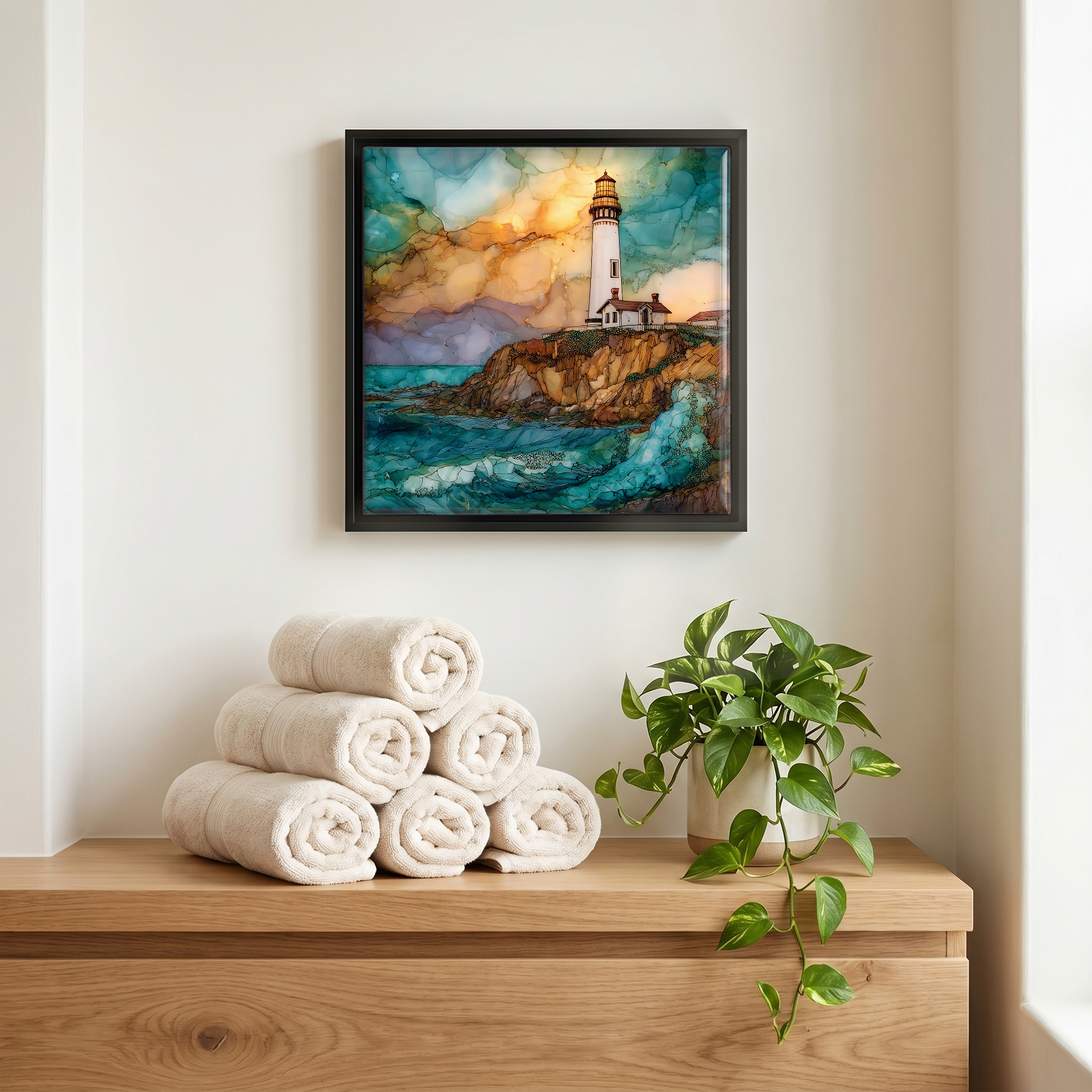 Above the linens, in a slim black surround.