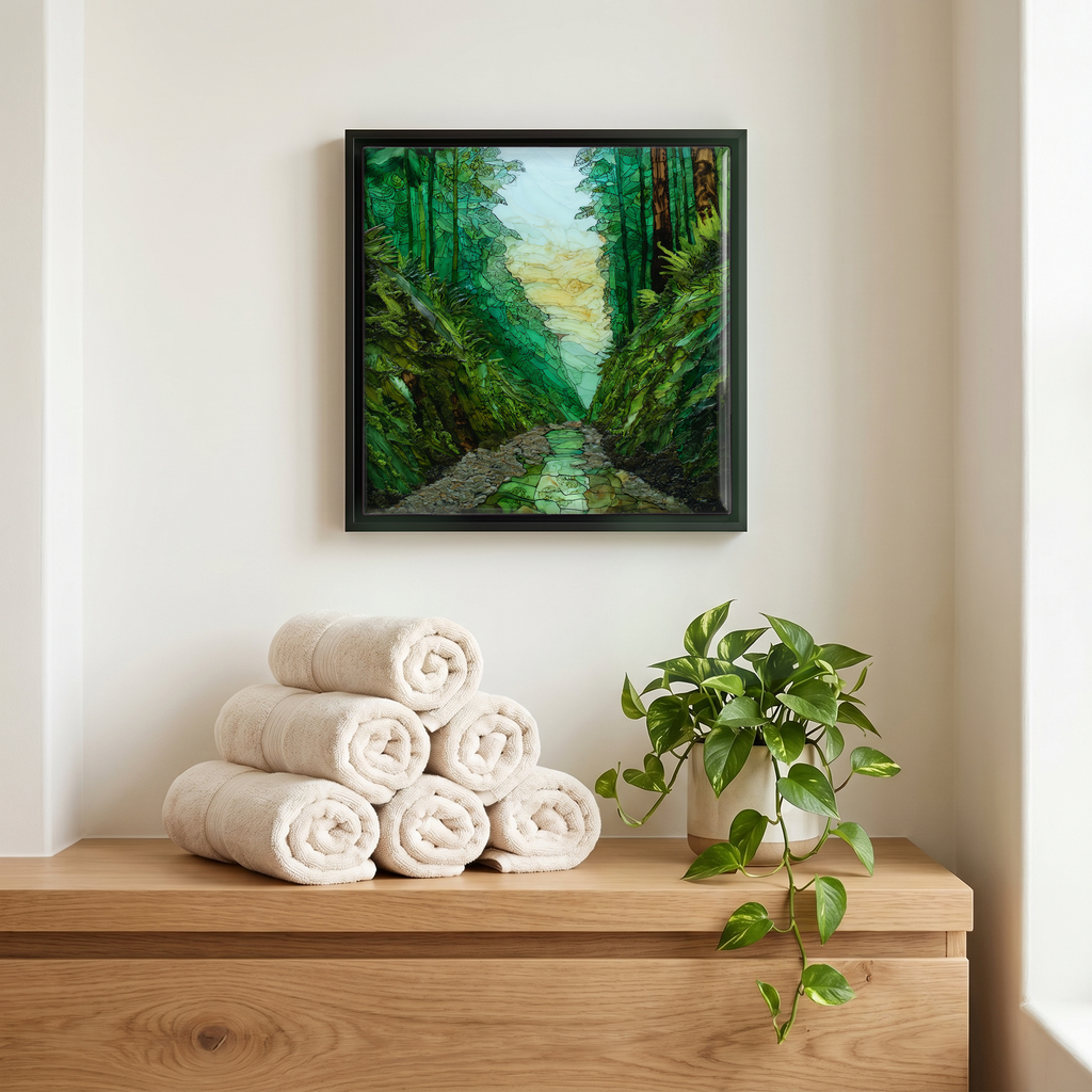 Above the linens, in a slim black surround.