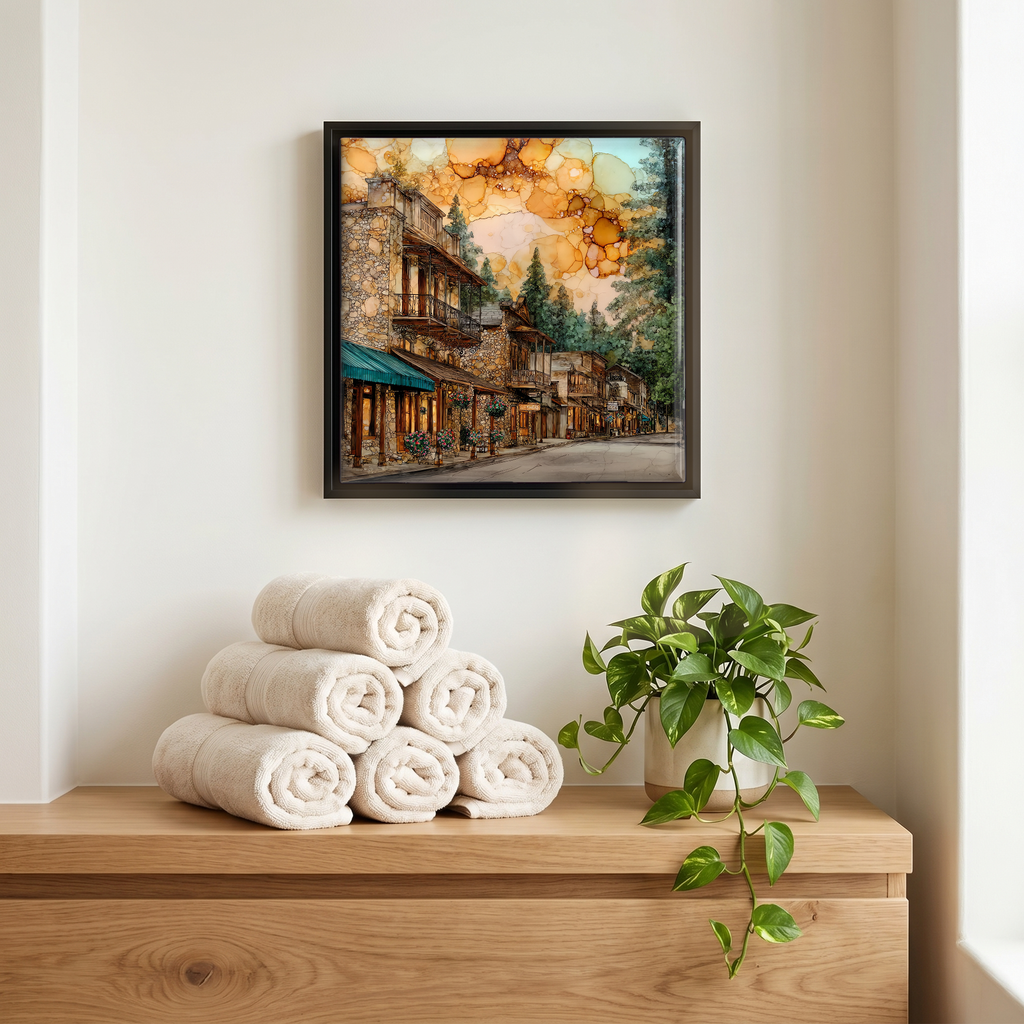 Above the linens, in a slim black surround.
