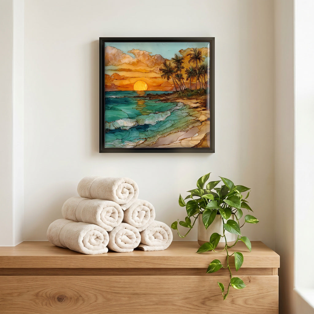Above the linens, in a slim black surround.