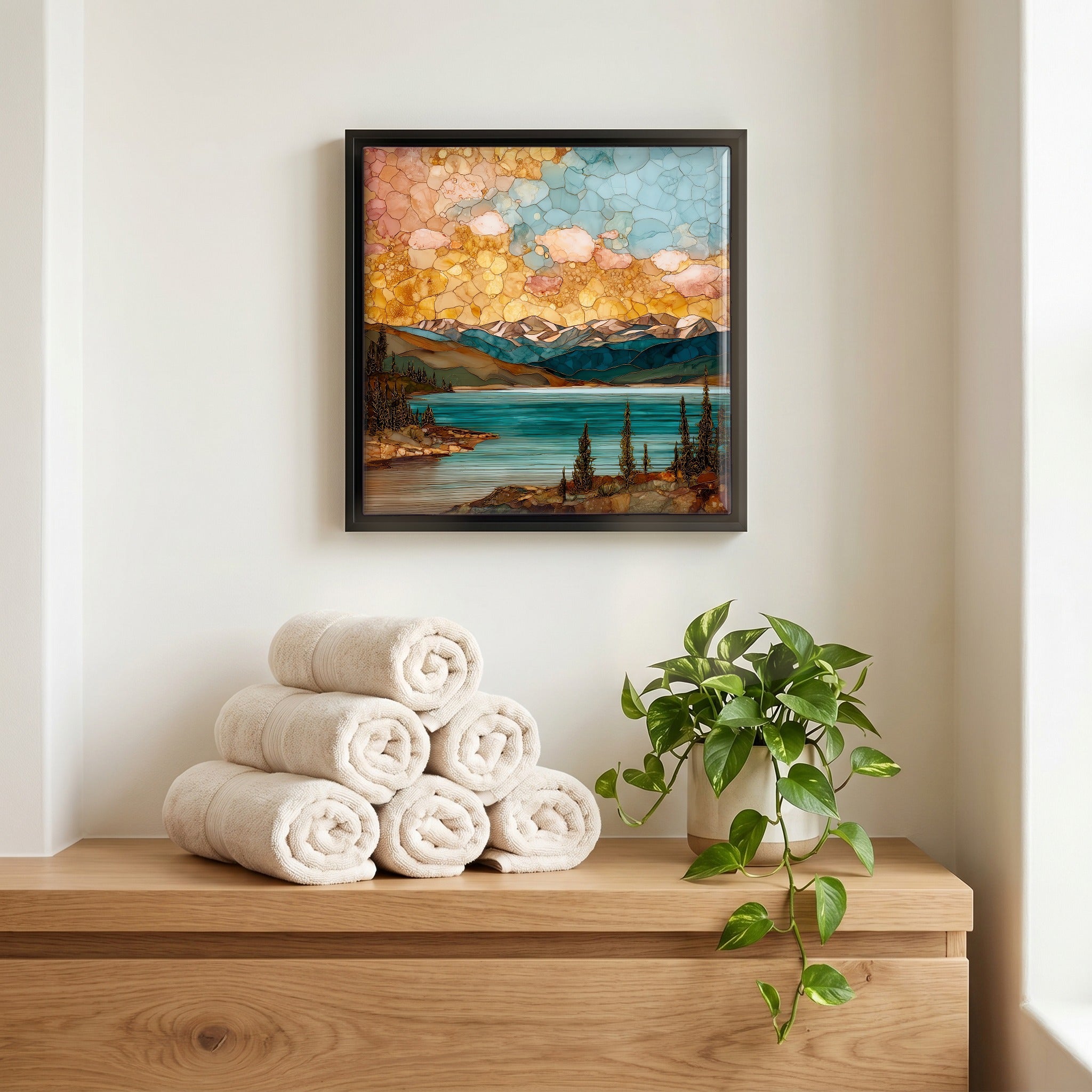 Above the linens, in a slim black surround.