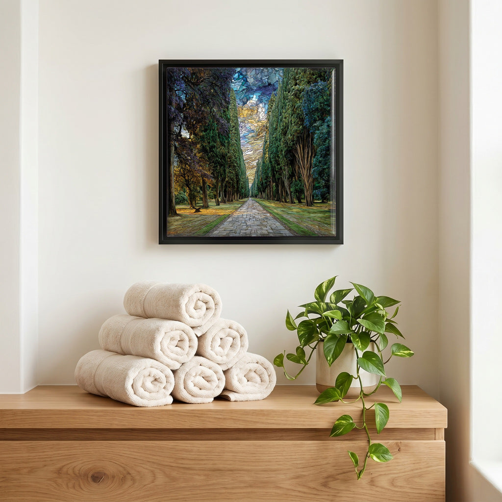 Above the linens, in a slim black surround.