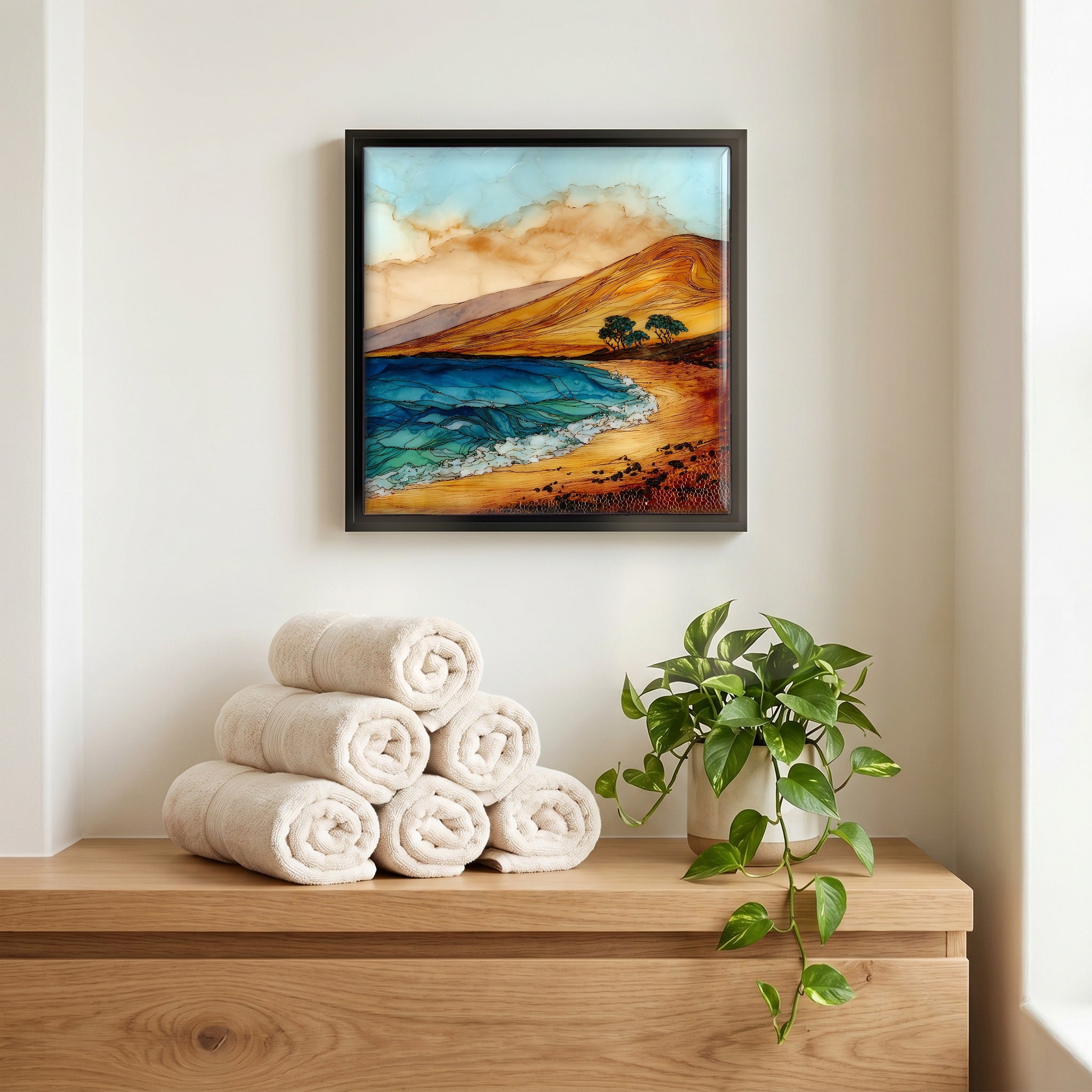 Above the linens, in a slim black surround.