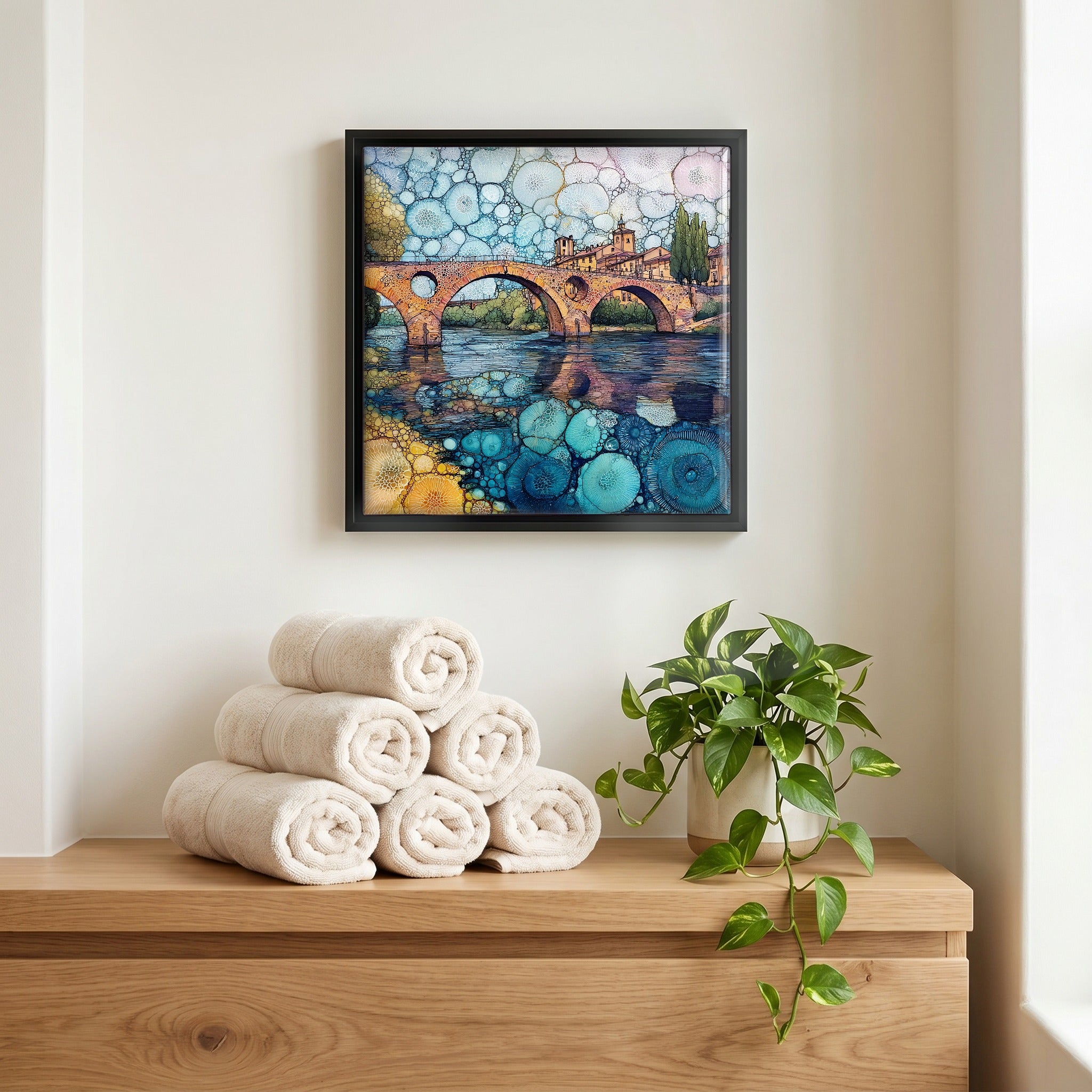 Above the linens, in a slim black surround.