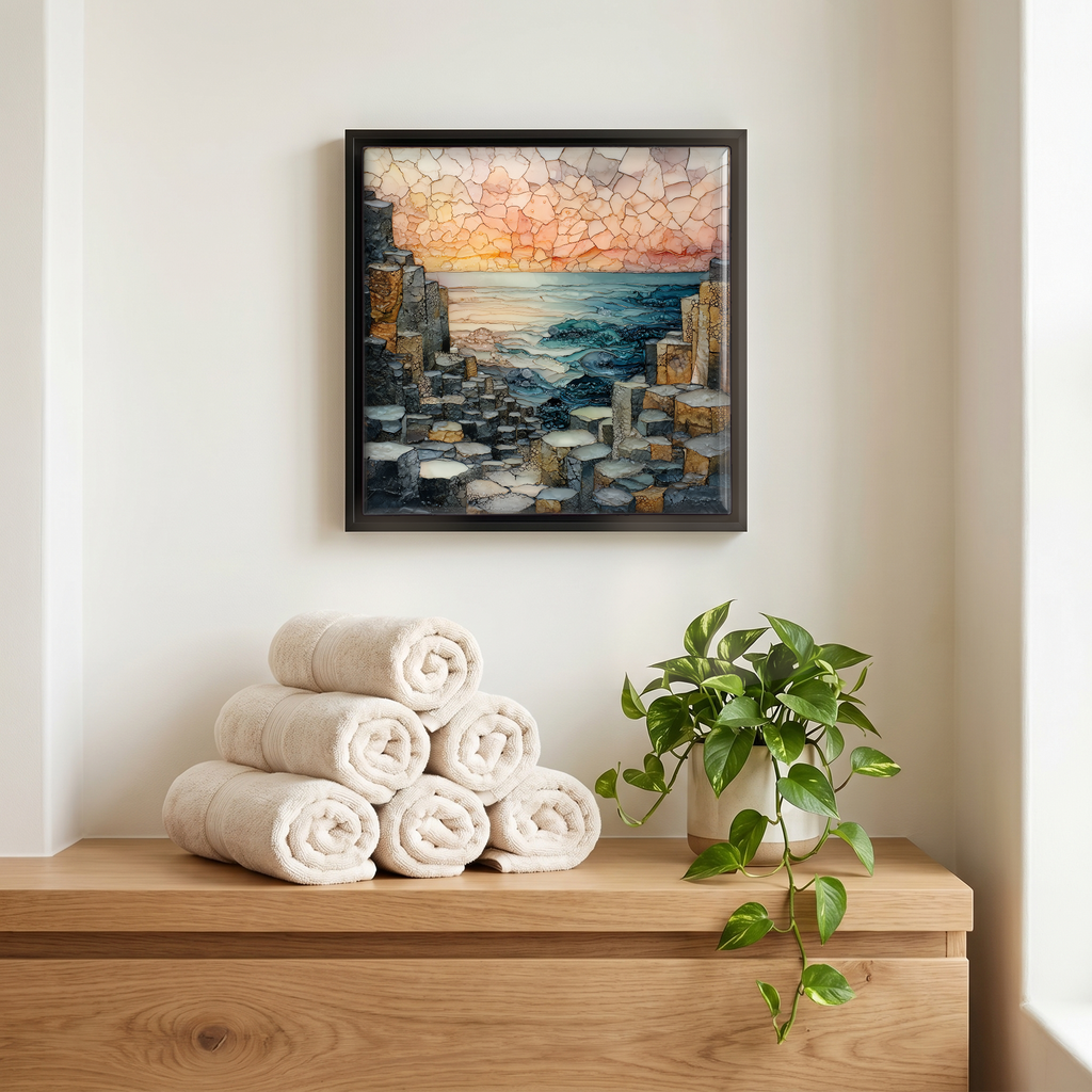 Above the linens, in a slim black surround.