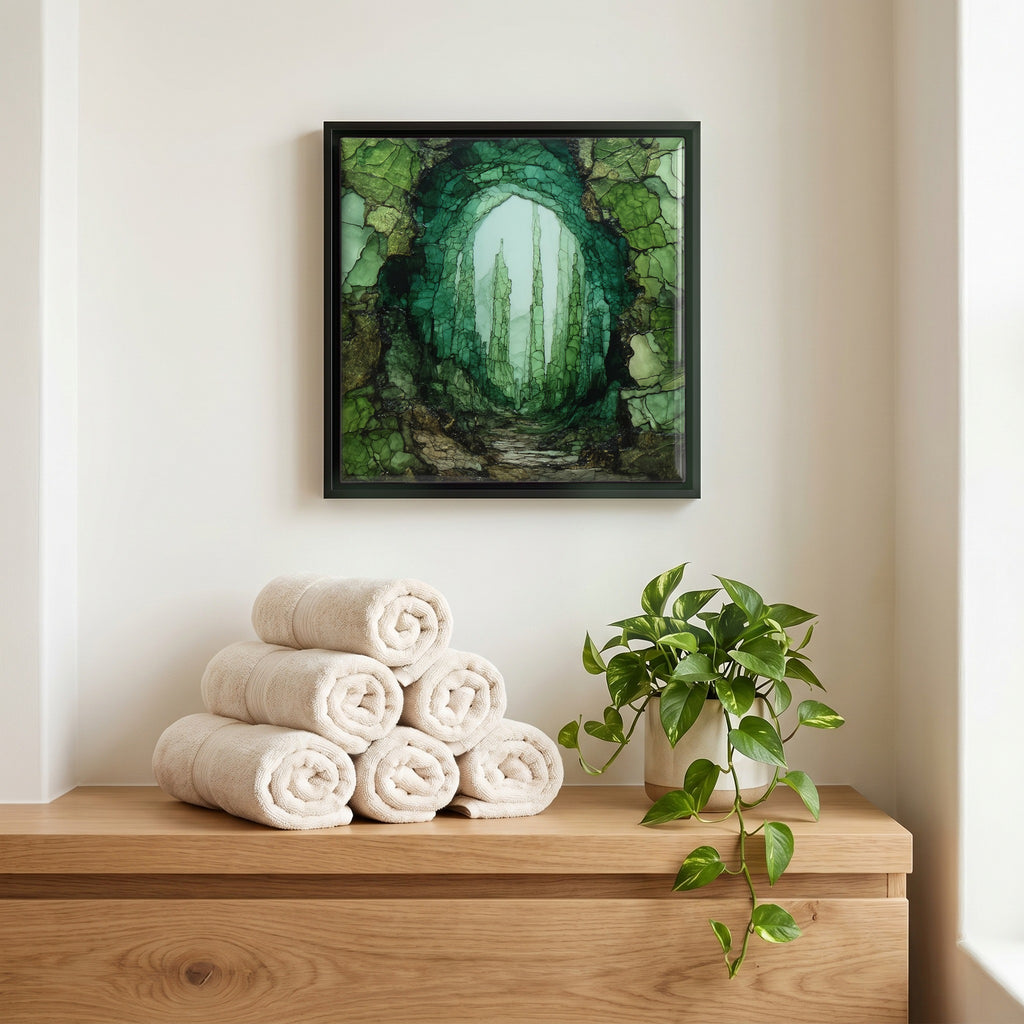 Above the linens, in a slim black surround.