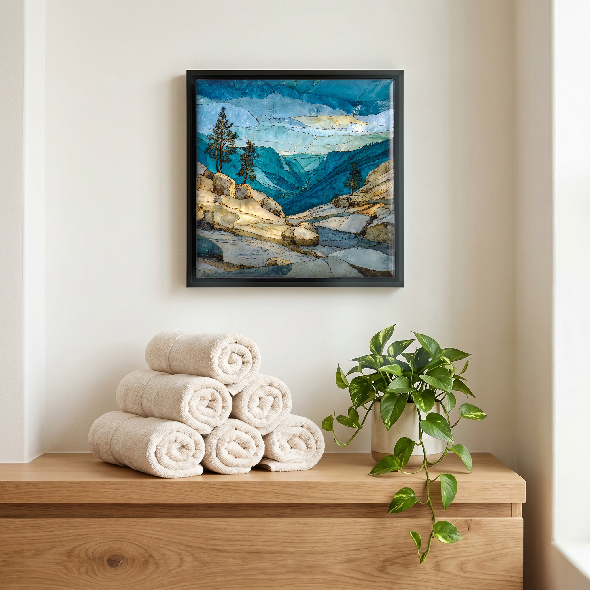 Above the linens, in a slim black surround.