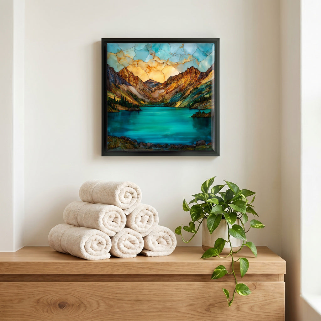 Above the linens, in a slim black surround.