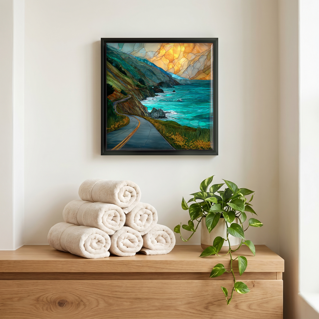 Above the linens, in a slim black surround.