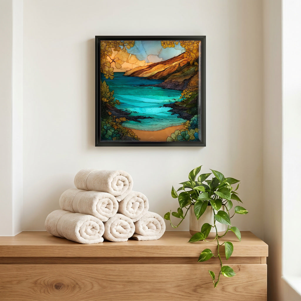 Above the linens, in a slim black surround.
