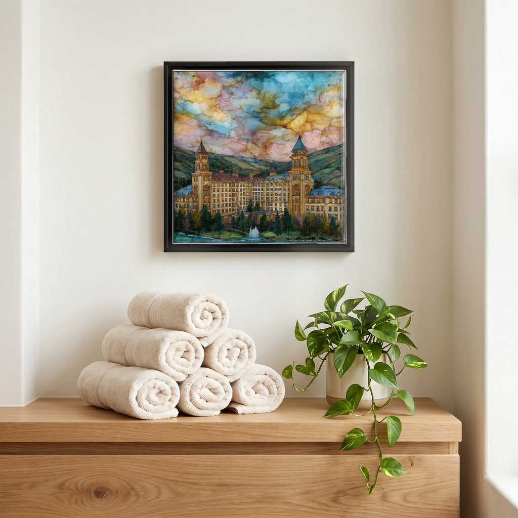 Above the linens, in a slim black surround.