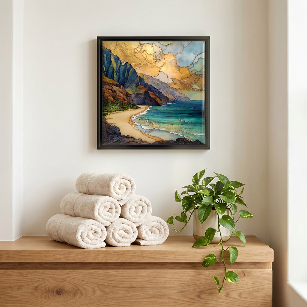 Above the linens, in a slim black surround.