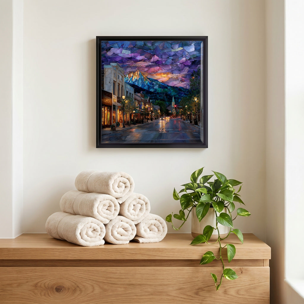 Above the linens, in a slim black surround.