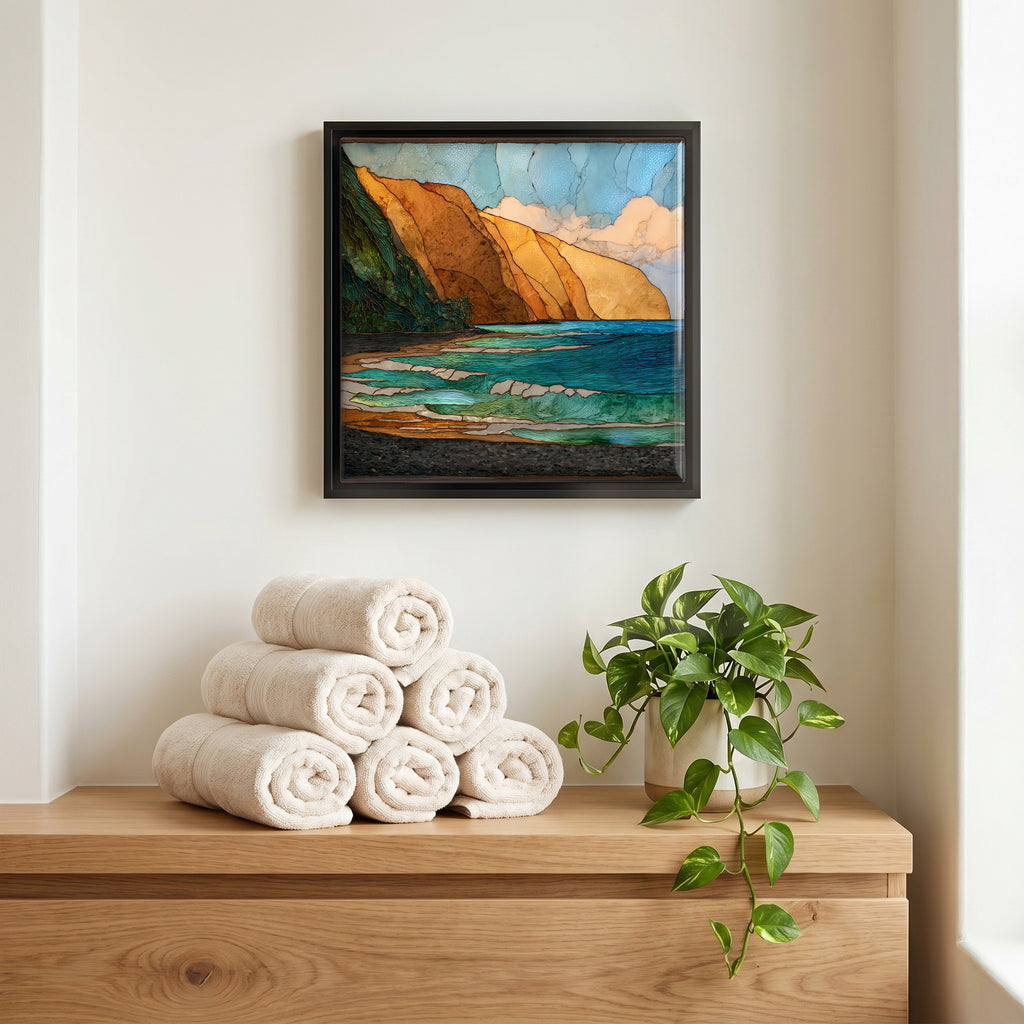 Above the linens, in a slim black surround.