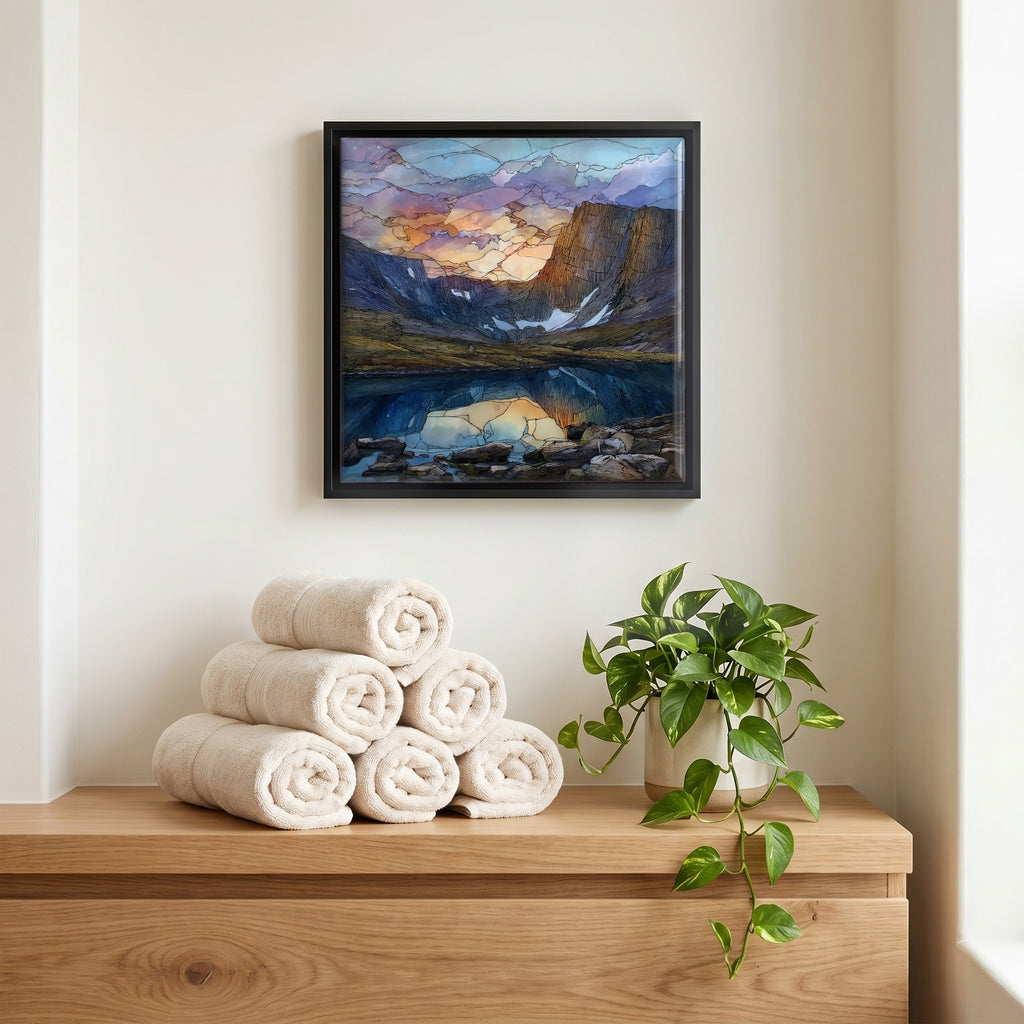 Above the linens, in a slim black surround.