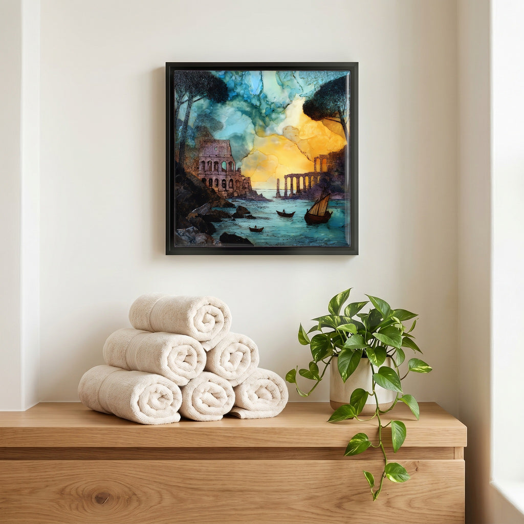 Above the linens, in a slim black surround.