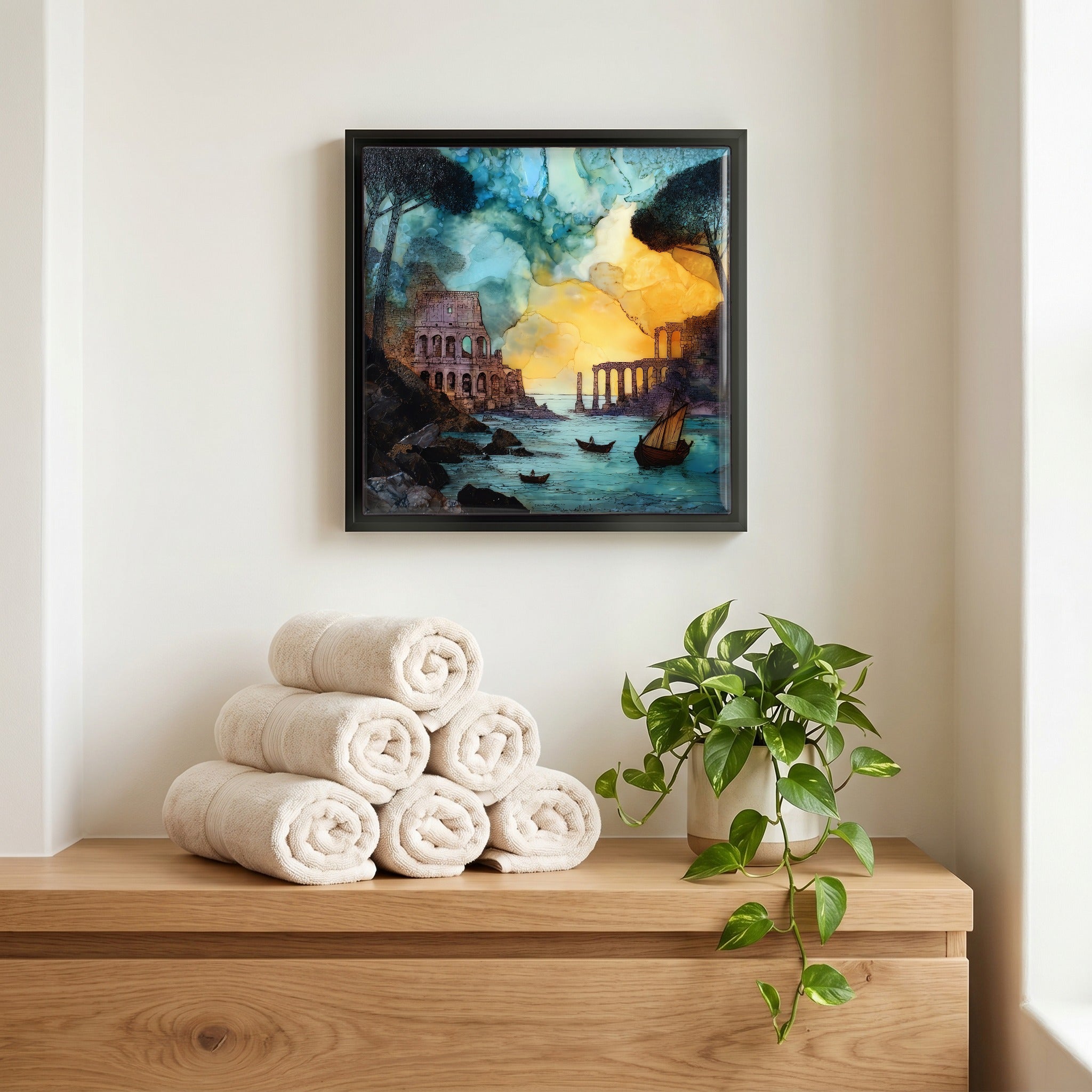 Above the linens, in a slim black surround.