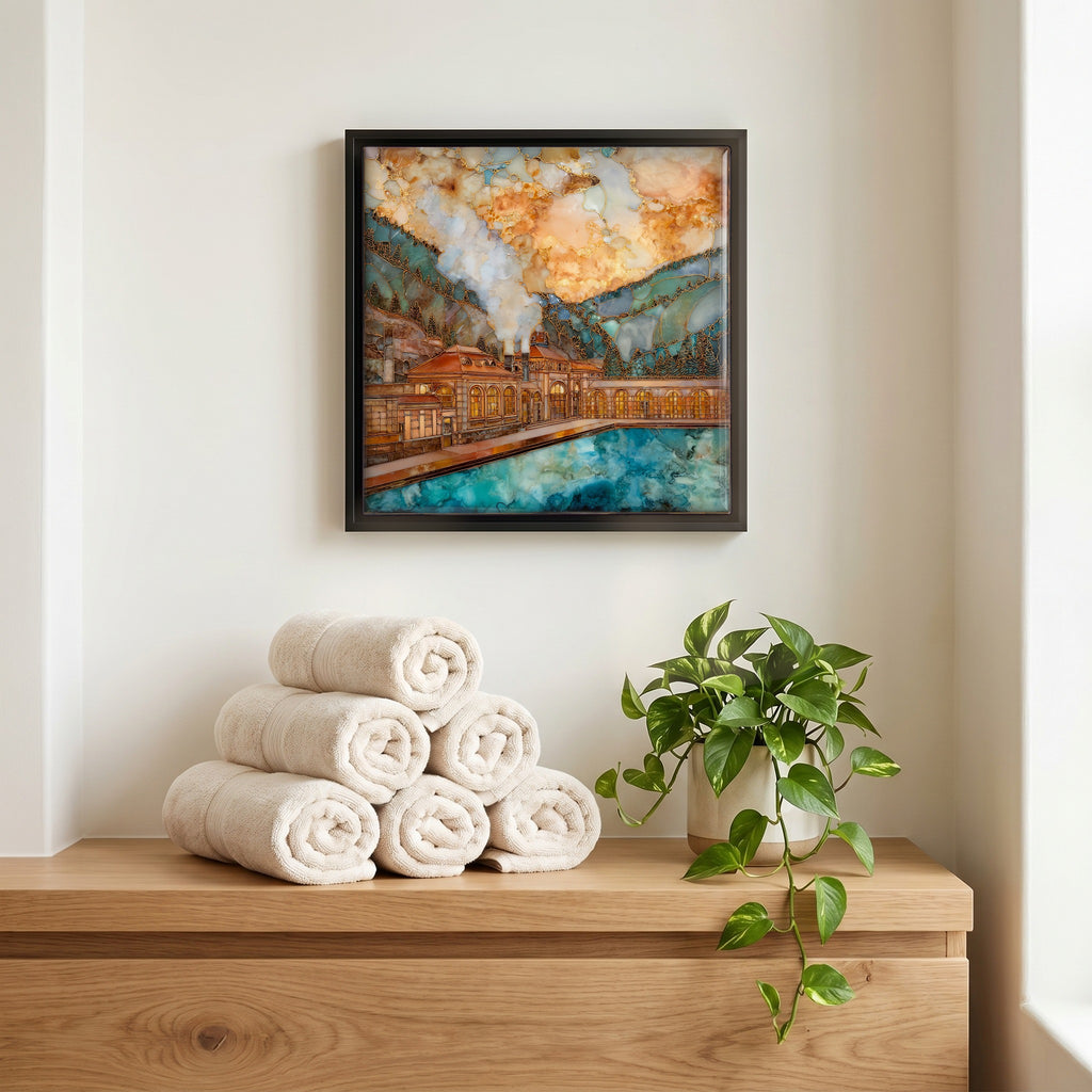 Above the linens, in a slim black surround.
