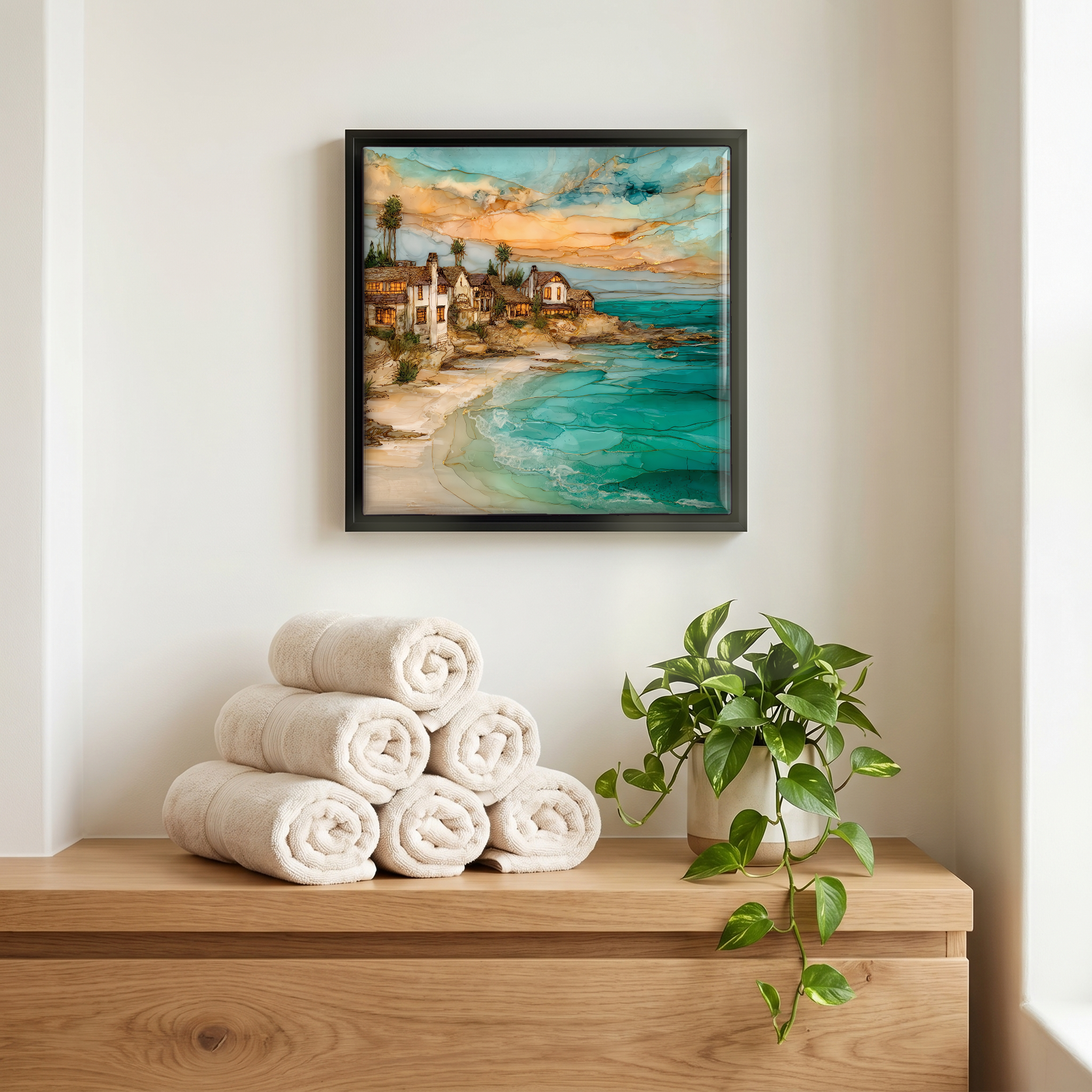 Above the linens, in a slim black surround.