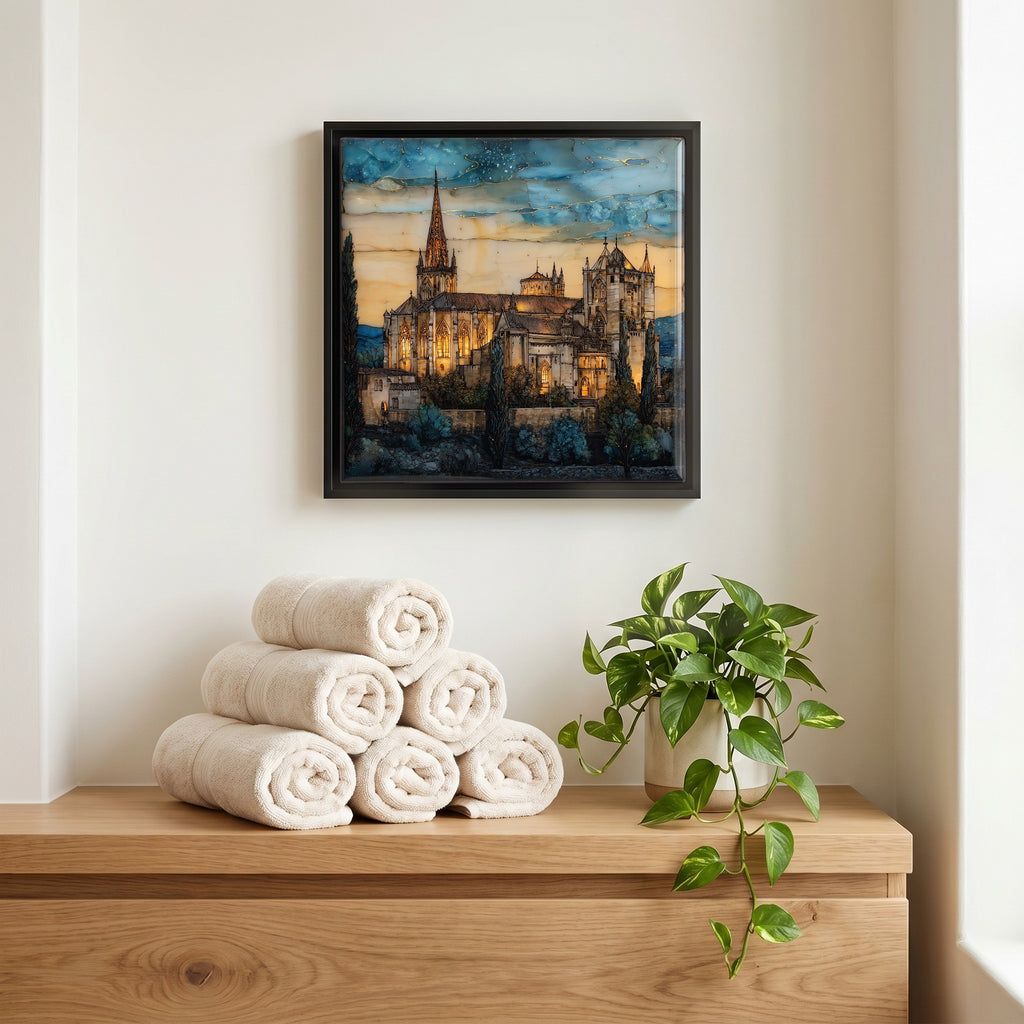 Above the linens, in a slim black surround.