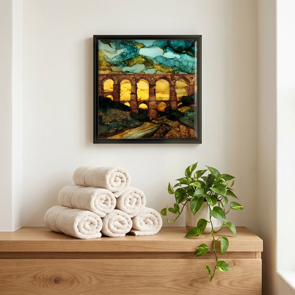 Above the linens, in a slim black surround.