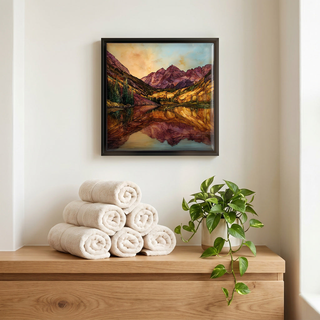 Above the linens, in a slim black surround.